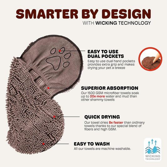 the Dirty Dog Shammy - Antimicrobial Microfiber, Fast-Drying Plush Dog Towel with Dual Hand Pockets & Elastic - Super Absorbent, Odor-Resistant, Machine Washable - 31×13 In, Grey