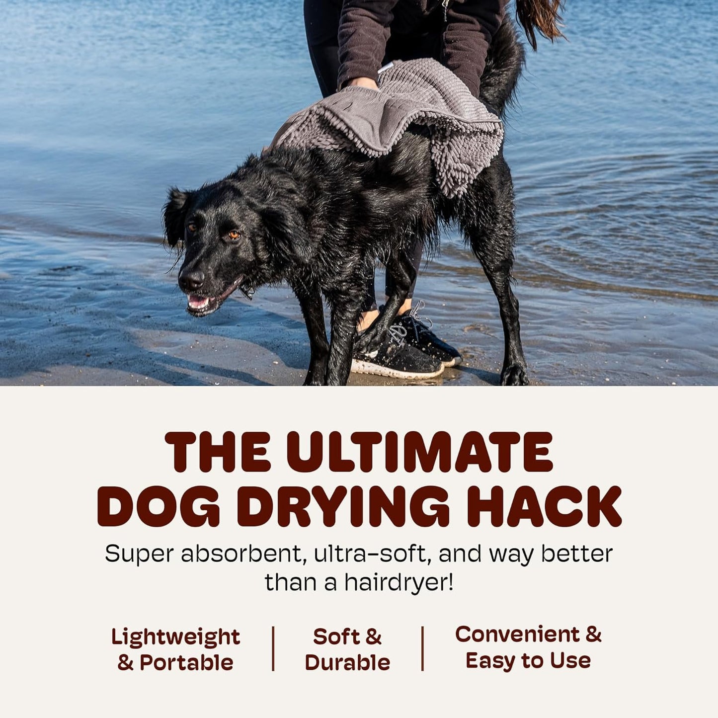 the Dirty Dog Shammy - Antimicrobial Microfiber, Fast-Drying Plush Dog Towel with Dual Hand Pockets & Elastic - Super Absorbent, Odor-Resistant, Machine Washable - 31×13 In, Grey