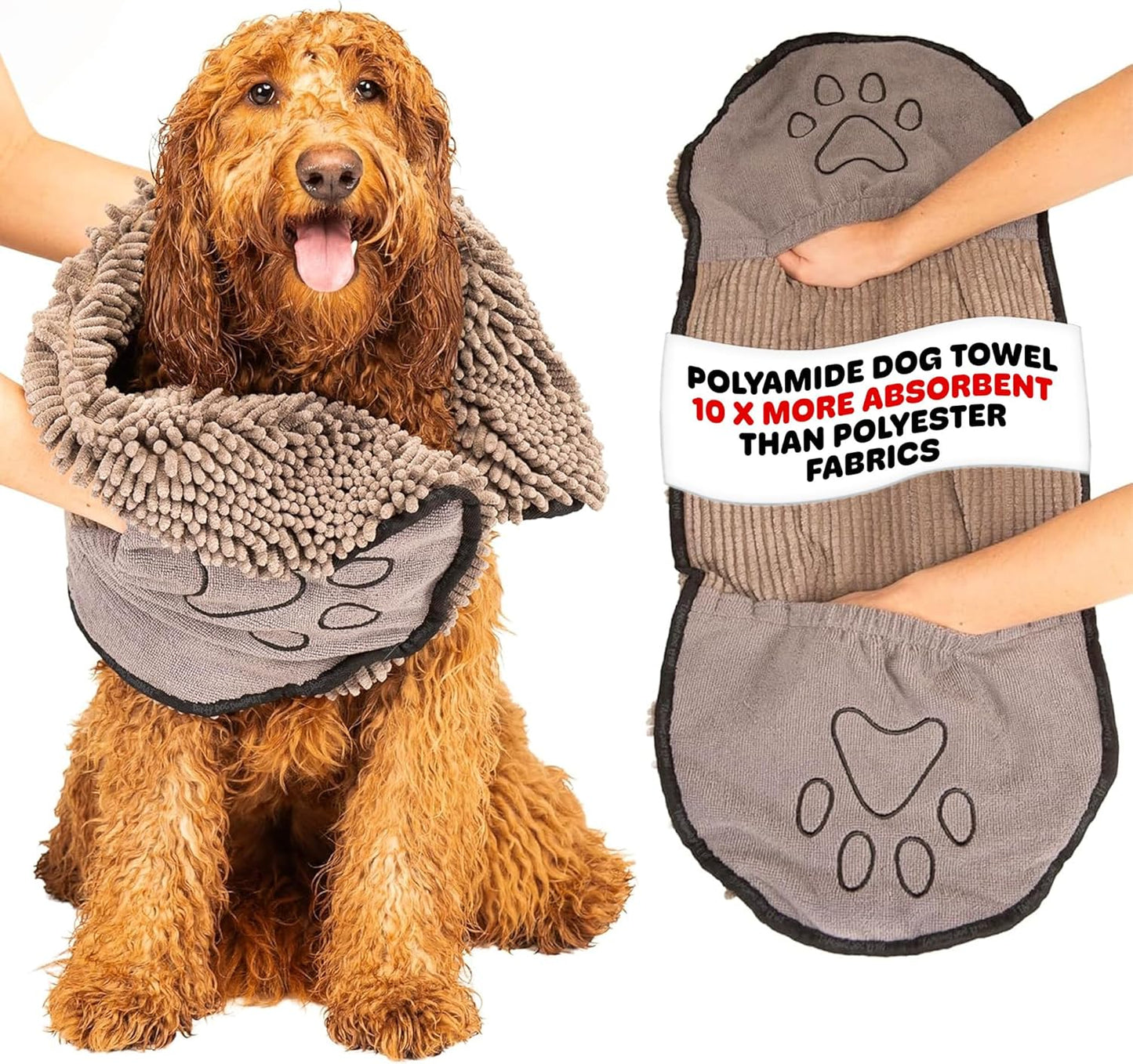 the Dirty Dog Shammy - Antimicrobial Microfiber, Fast-Drying Plush Dog Towel with Dual Hand Pockets & Elastic - Super Absorbent, Odor-Resistant, Machine Washable - 31×13 In, Grey